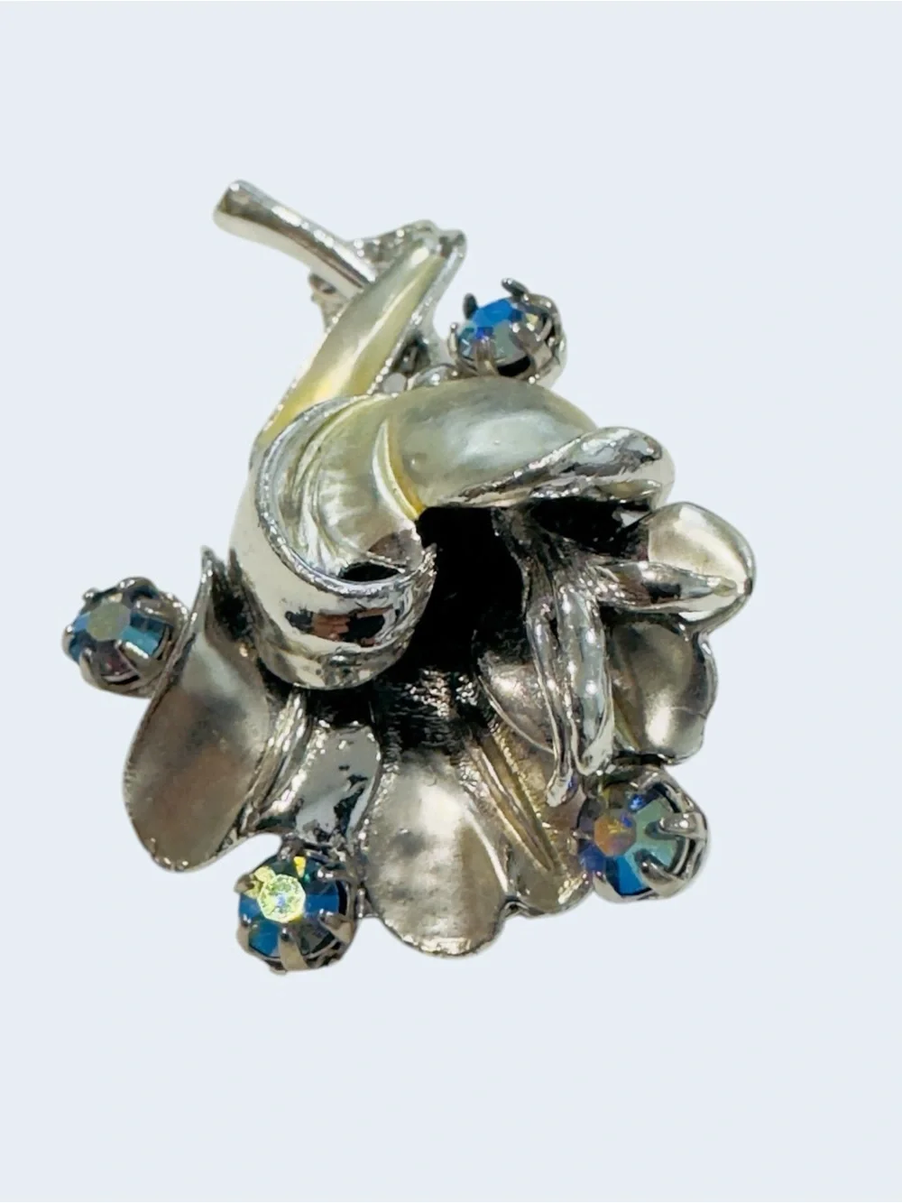 Vintage Silvertone Tulip Brooch – Aurora Borealis Rhinestone Floral Pin